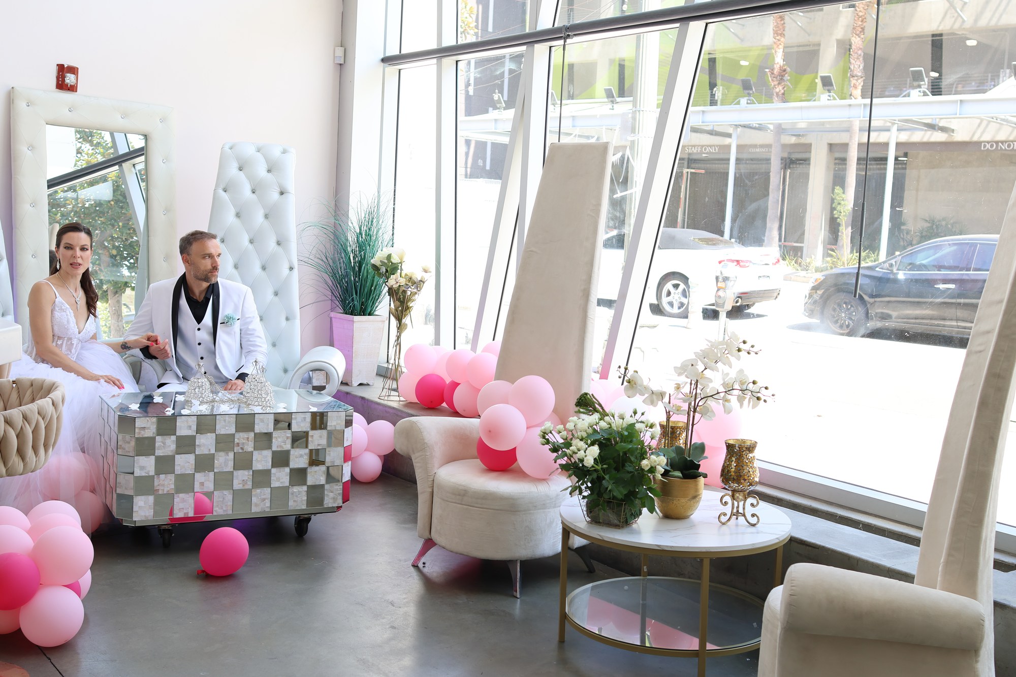 A couple in the styled front lounge